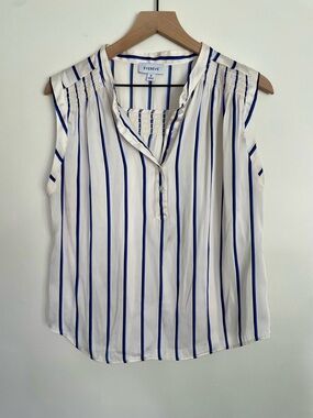 Evereve White Sleeveless Top with Blue Vertical Stripes